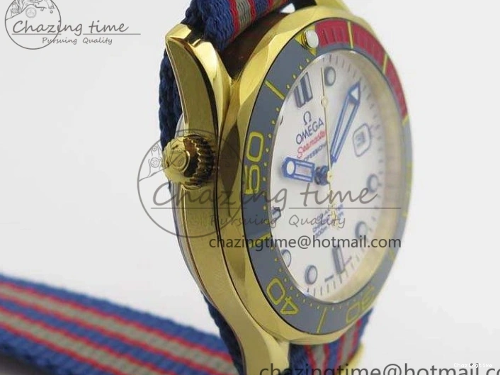 0327 Modern Seamaster 300M 007 YG URF 1:1 Best Edition White Dial Ceramic Bezel On Nylon Strap A 8115